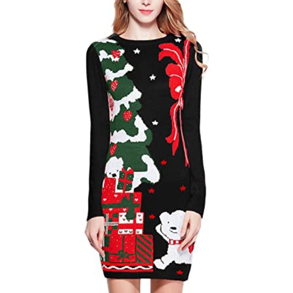 Womens Ugly Xmas Christmas Tree w/ Polar Bears Holiday Sweater Tunic Dress Small - Picture 1 of 7